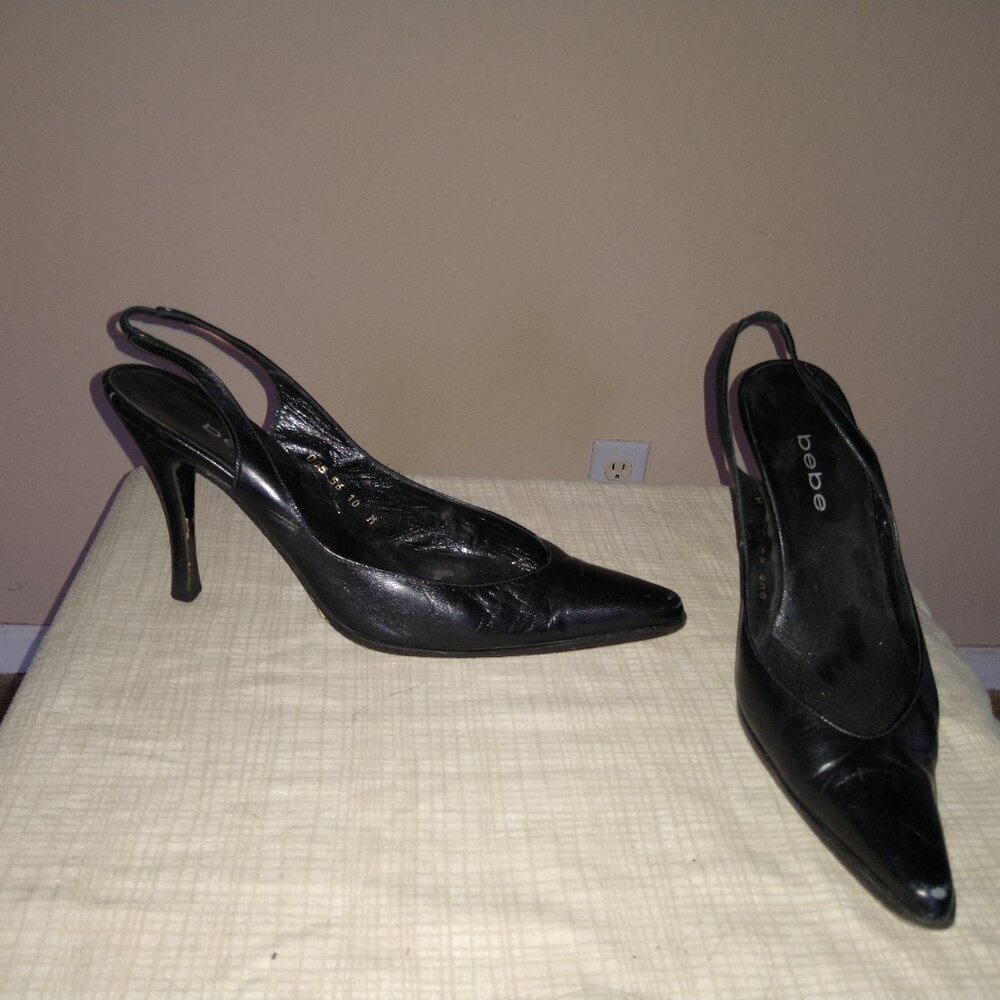 BEBE Unique Vintage 2000s Y2K Leather Slingback High Heels Black Shoes Size 10